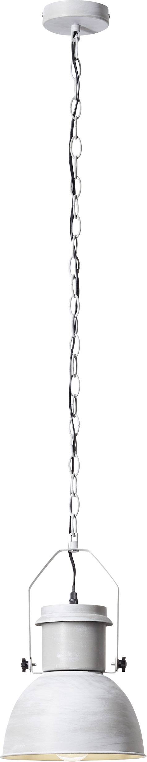 Biała lampa wisząca z metalowym łańcuchem i szklanym kloszem.