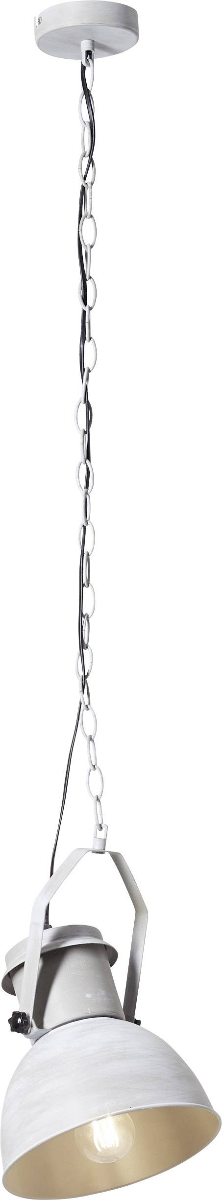 Biała lampa sufitowa wisząca na łańcuchu. Posiada przemysłowy design i świeci w dół.