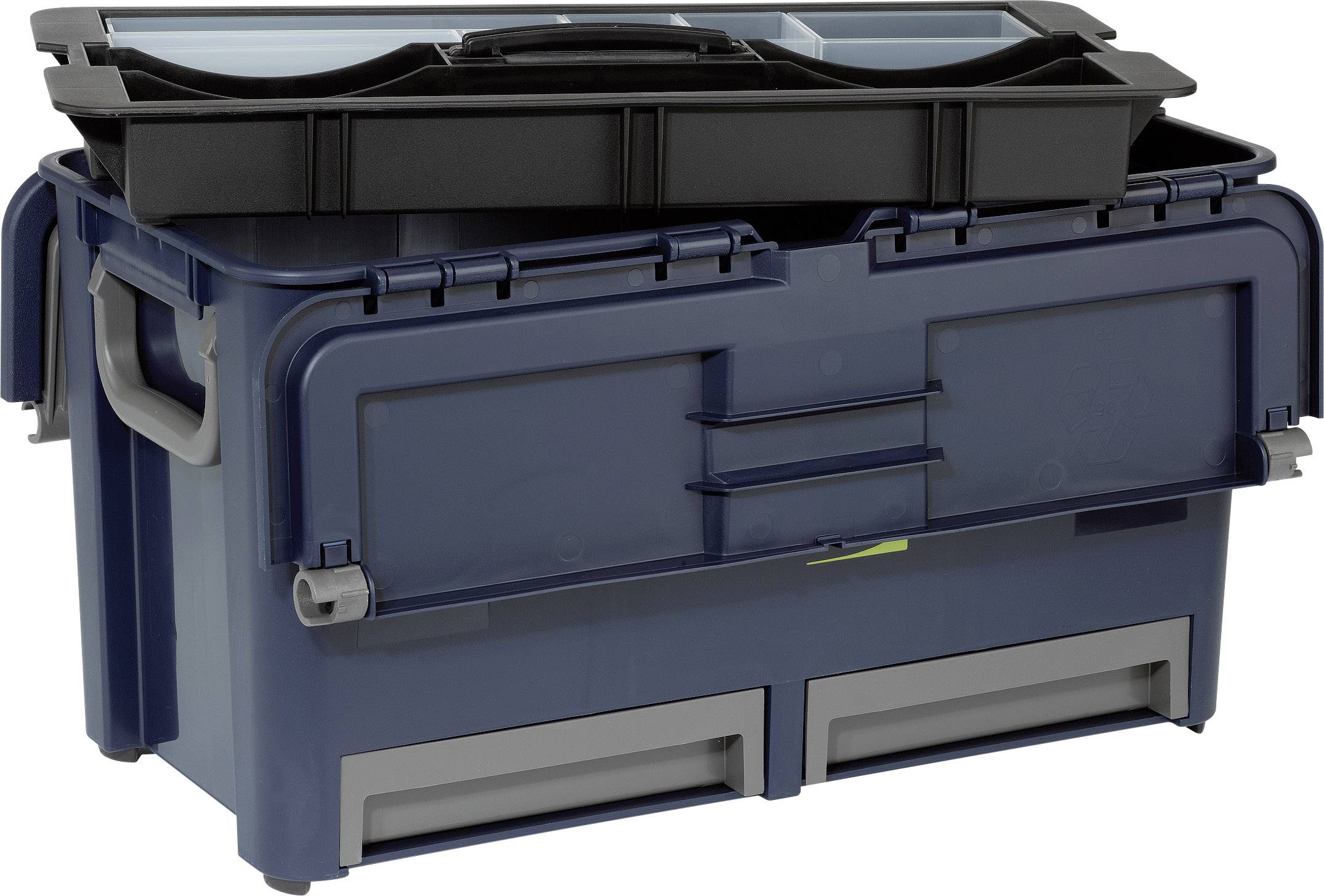 Niebieski, plastikowy skrzynka narzędziowa z szarym uchwytem i widocznym przezroczystym schowkiem na górze, przeznaczonym na mniejsze narzędzia lub akcesoria.