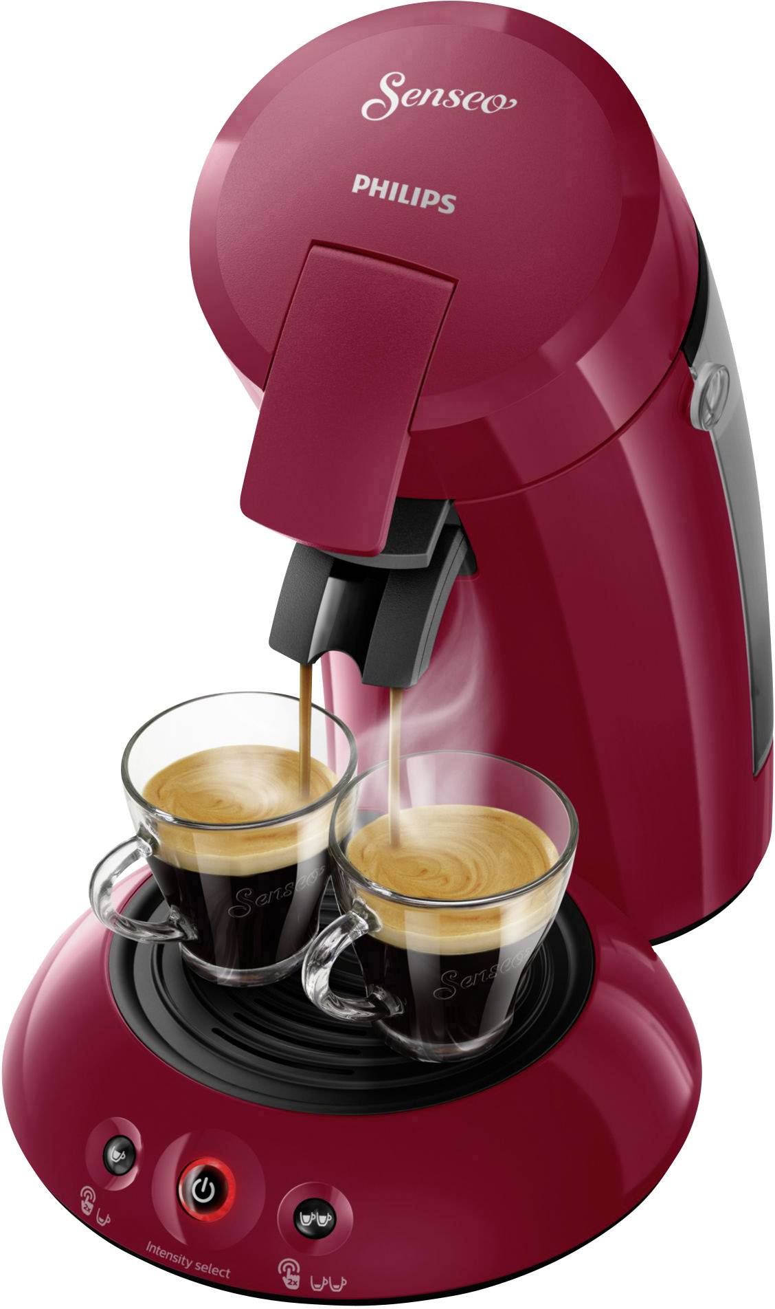 Czerwony ekspres do kawy Senseo firmy Philips parzy dwie filiżanki espresso jednocześnie.