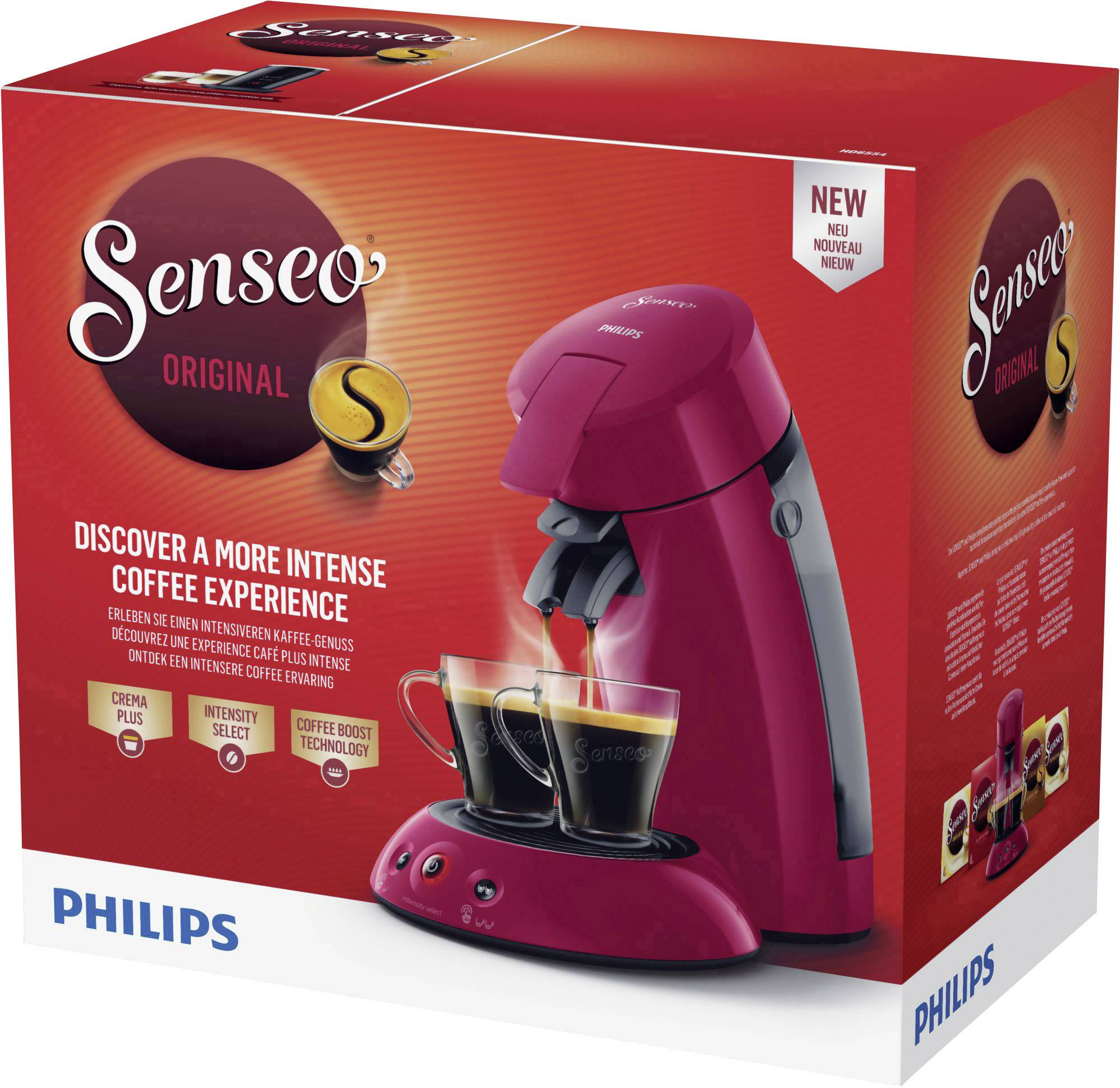 'Philips Senseo Original Ekspres do kawy w kolorze czerwonym, przedstawiony na opakowaniu. Oferuje intensywne doznania kawowe z prostą obsługą.'