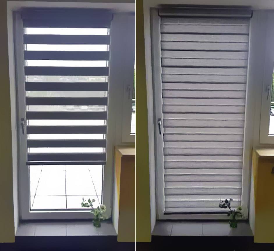 Po lewej stronie widać częściowo otwartą żaluzję z poziomymi pasami, po prawej stronie żaluzja jest całkowicie zamknięta. Na zewnątrz znajduje się taras.