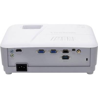 Widok z tyłu projektora z wieloma możliwościami podłączenia, w tym HDMI, VGA i Audio. Nazwa marki widoczna na górnej części urządzenia.
