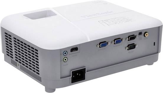 Biały i szary projektor multimedialny z wieloma złączami z tyłu, w tym HDMI, VGA oraz wejściami i wyjściami audio.