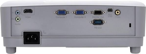 Obraz przedstawia tylną część projektora z wieloma złączami, w tym HDMI, dwoma portami VGA, złączami audio, wideo oraz RS-232.
