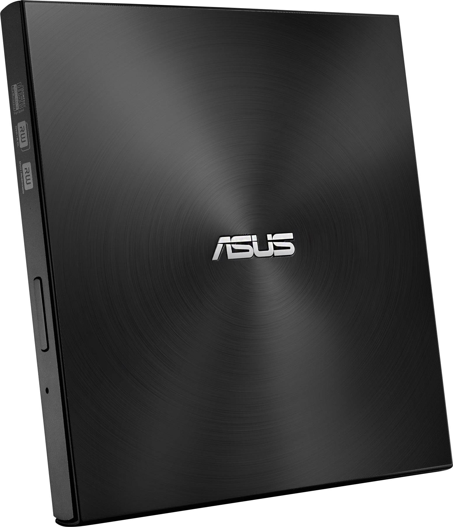 Zewnętrzny nagrywarka DVD firmy ASUS w czarnym, smukłym designie.
