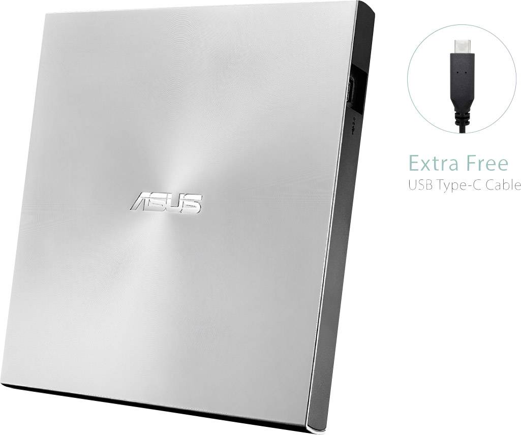 Zewnętrzny nagrywarka CD/DVD ASUS w kolorze srebrnym. Zawiera dodatkowy darmowy kabel USB Typ-C, przedstawiony obok po prawej stronie.