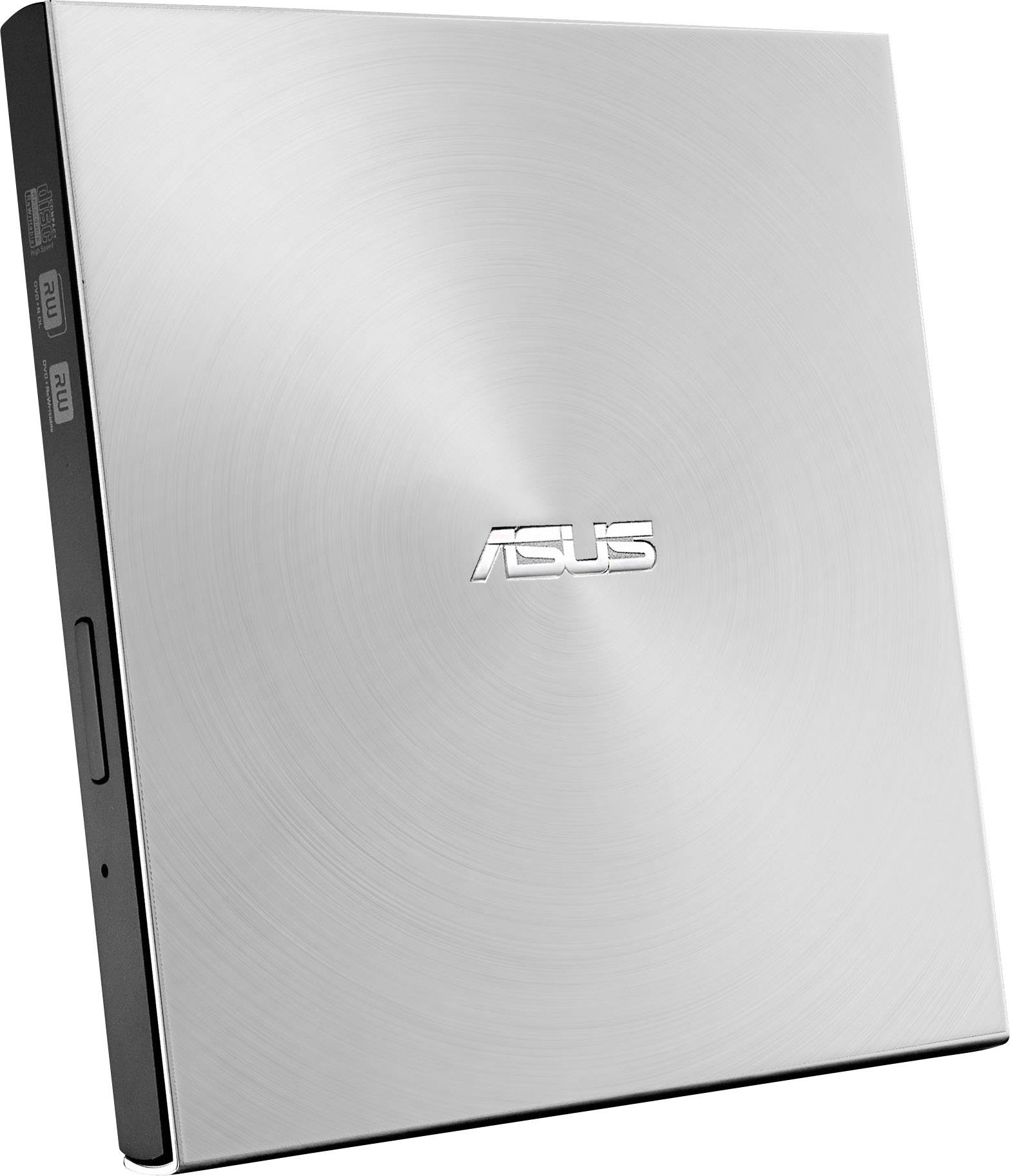 Zewnętrzny napęd DVD firmy Asus w srebrnym, smukłym designie z elementami sterującymi po bokach i logo Asus pośrodku.