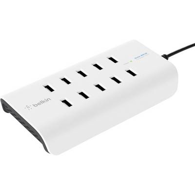Biała listwa zasilająca Belkin z ośmioma gniazdami, wyposażona w wyłącznik sieciowy i kabel po prawej stronie.