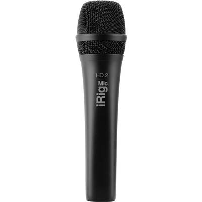 Czarne mikrofon iRig Mic HD 2 z oznaczeniami firmowymi, przeznaczone do profesjonalnych nagrań audio.