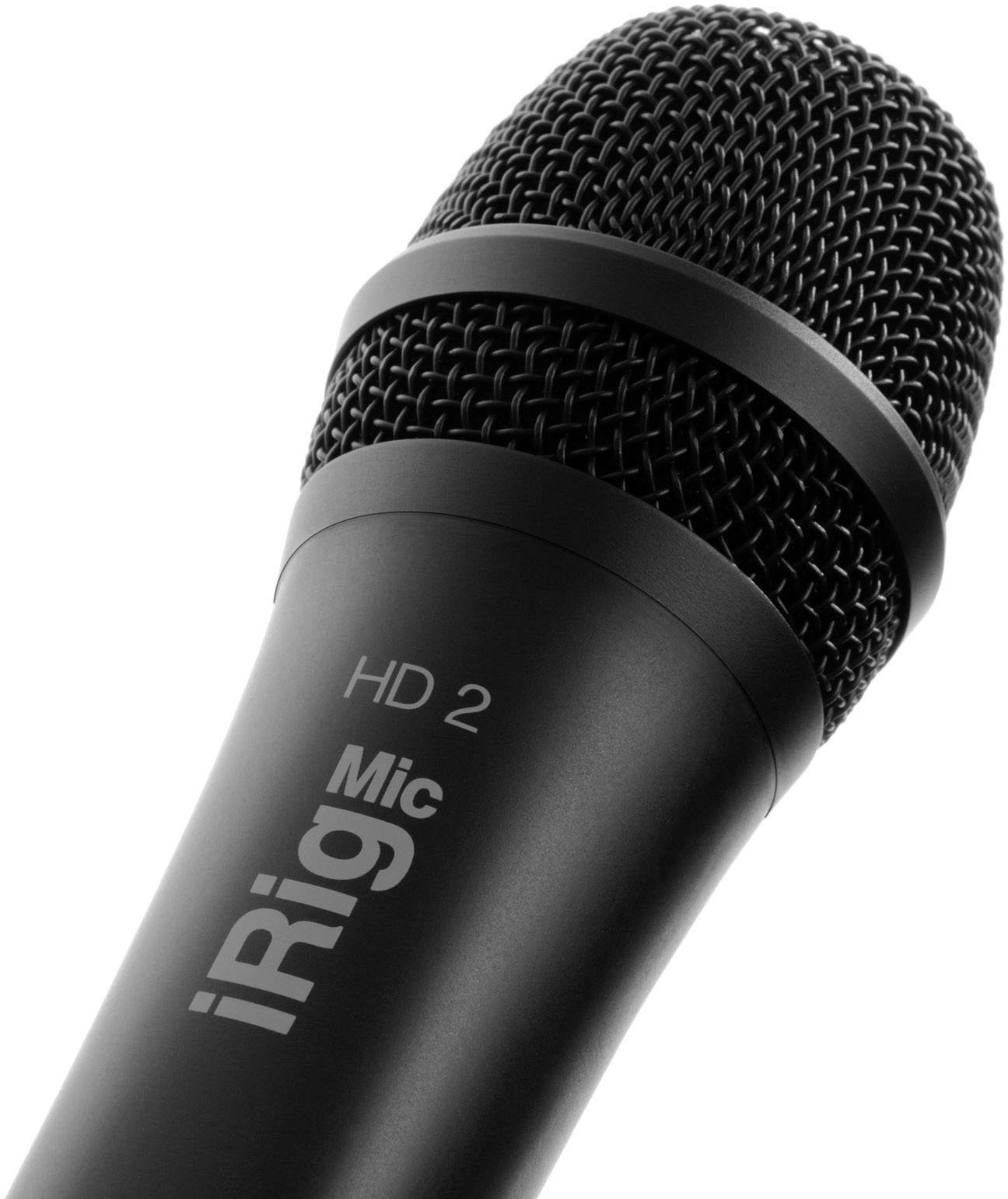 Czarne mikrofon z napisem 'iRig Mic HD 2', przeznaczony do wysokiej jakości nagrań audio.