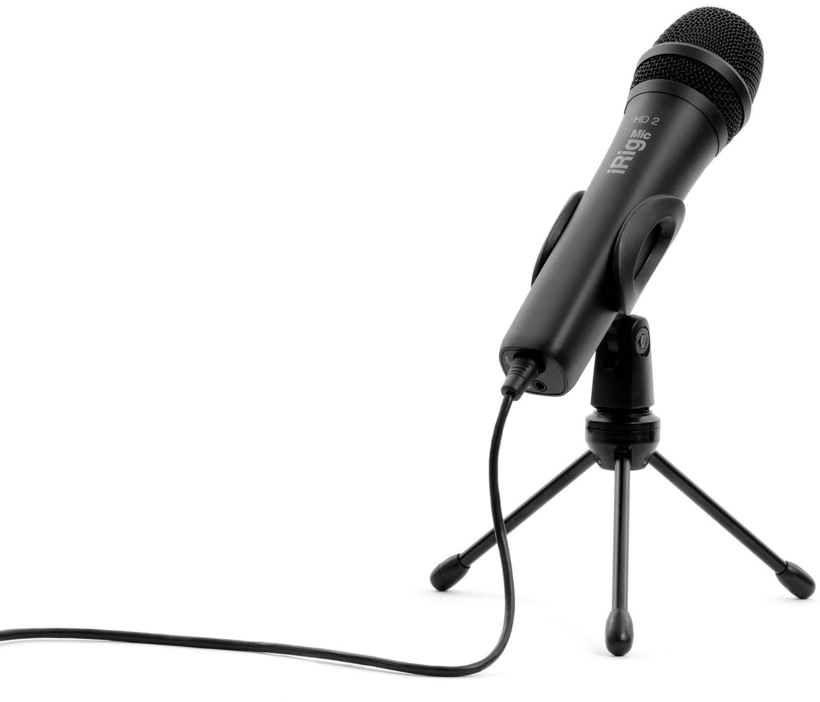Mikrofon na statywie z podłączonym kablem. Odpowiedni do nagrań audio lub jako akcesoria do nagrań wokalnych i głosowych.