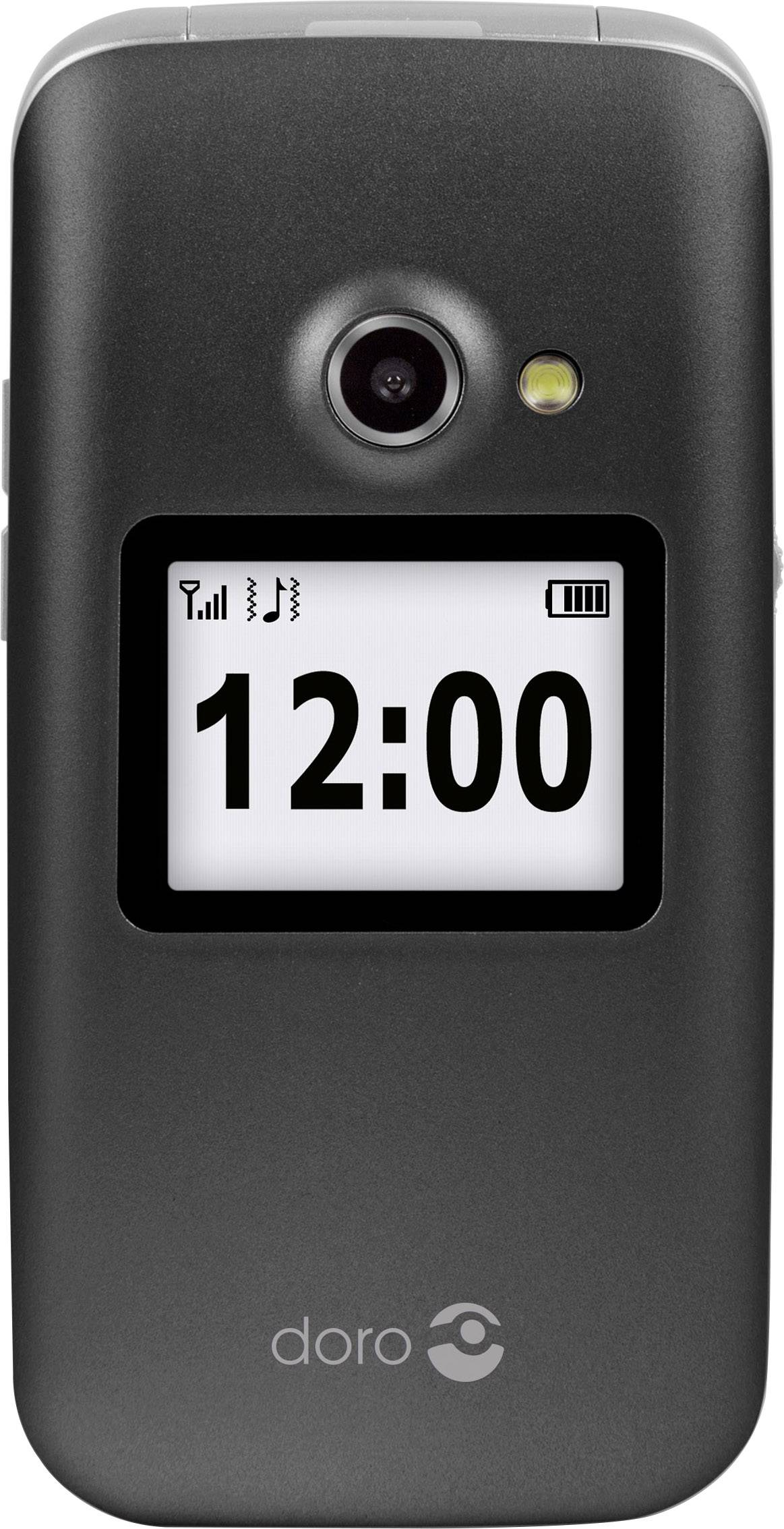 Kompaktowy, składany telefon komórkowy w kolorze czarnym z dużym wyświetlaczem pokazującym '12:00'. Powyżej znajduje się aparat fotograficzny z lampą błyskową.