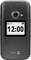 Kompaktowy, składany telefon komórkowy w kolorze czarnym z dużym wyświetlaczem pokazującym '12:00'. Powyżej znajduje się aparat fotograficzny z lampą błyskową.