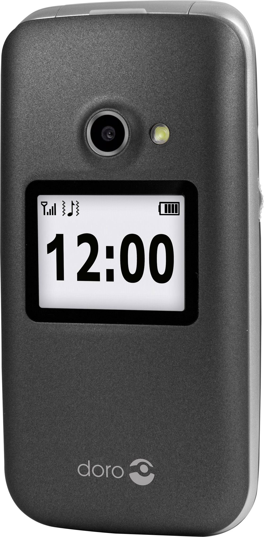 Czarno-szary telefon składany z wyświetlaczem; na ekranie widać '12:00', kamera i lampa błyskowa na górze, logo marki na dole.