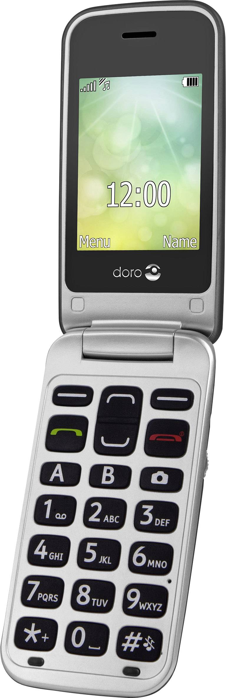 Srebrny składany telefon komórkowy z dużym wyświetlaczem i klawiszami. Na wyświetlaczu widoczna jest godzina '12:00'.