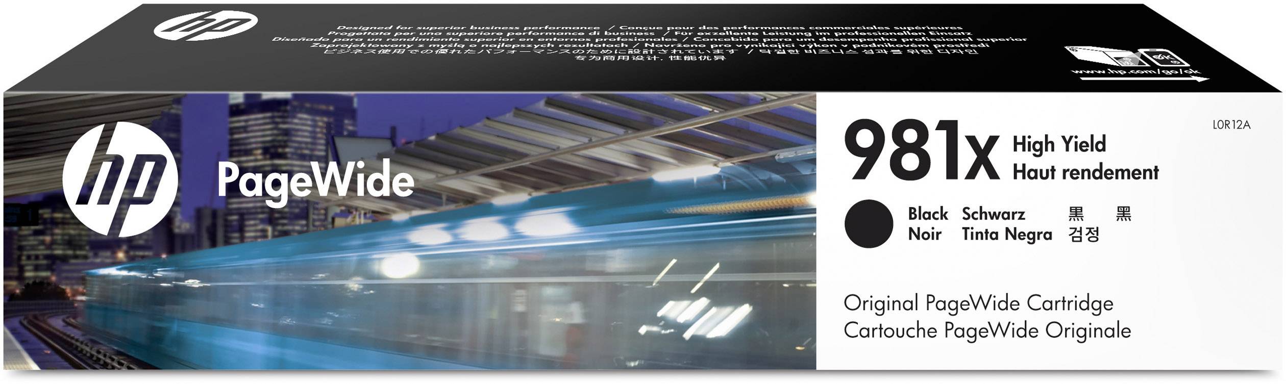 Opakowanie wkładu atramentowego HP PageWide 981X w kolorze czarnym. Wysoka wydajność. Zawiera tekst w kilku językach. Tło przedstawiające rozmytą panoramę miasta.