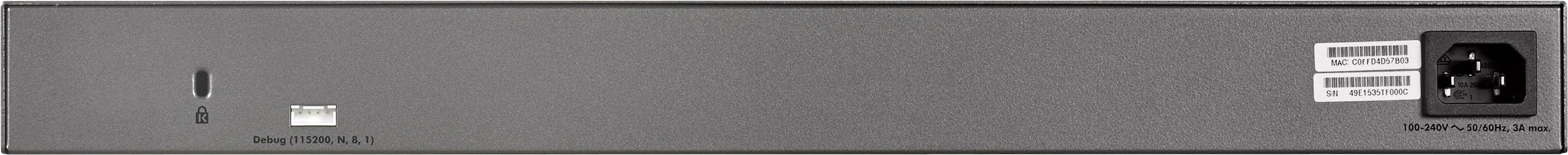 Tylna strona urządzenia elektronicznego z gniazdem zasilającym, złączem USB i otworami wentylacyjnymi. Widoczne są numery seryjne.