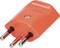 Pomarańczowy adapter europejski z dwoma okrągłymi wtyczkami i stykiem ochronnym, odpowiedni do europejskich gniazdek elektrycznych.
