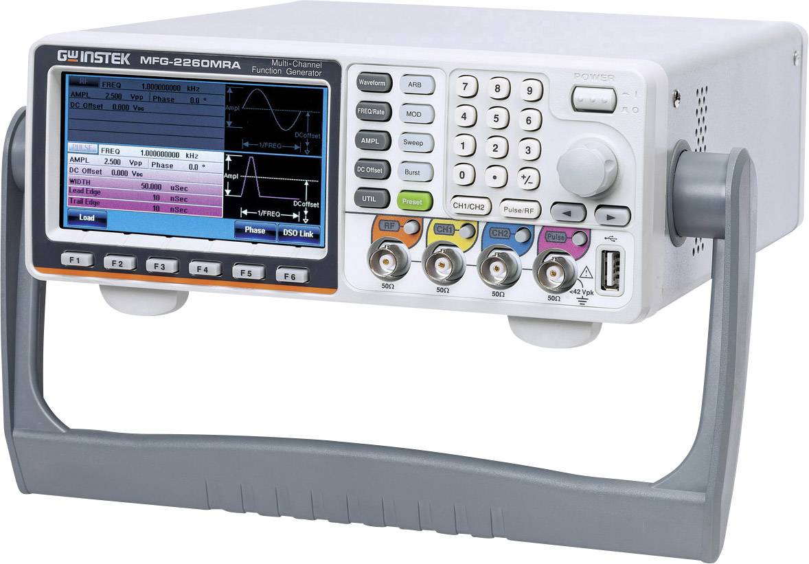 Generator funkcyjny z wyświetlaczem cyfrowym, prezentujący kształty fal i ustawienia. Przyciski i pokrętła do sterowania. Widoczne logo marki.