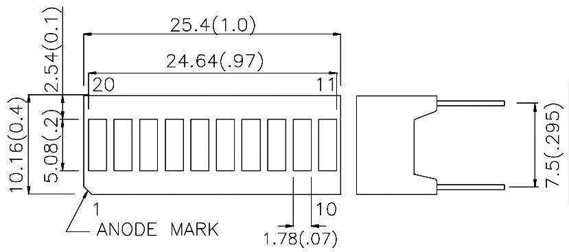 Rysunek techniczny elementu LED z wymiarami: długość 25,4 mm, szerokość 10,16 mm. Podane są odległości między pinami oraz oznaczenia anody.