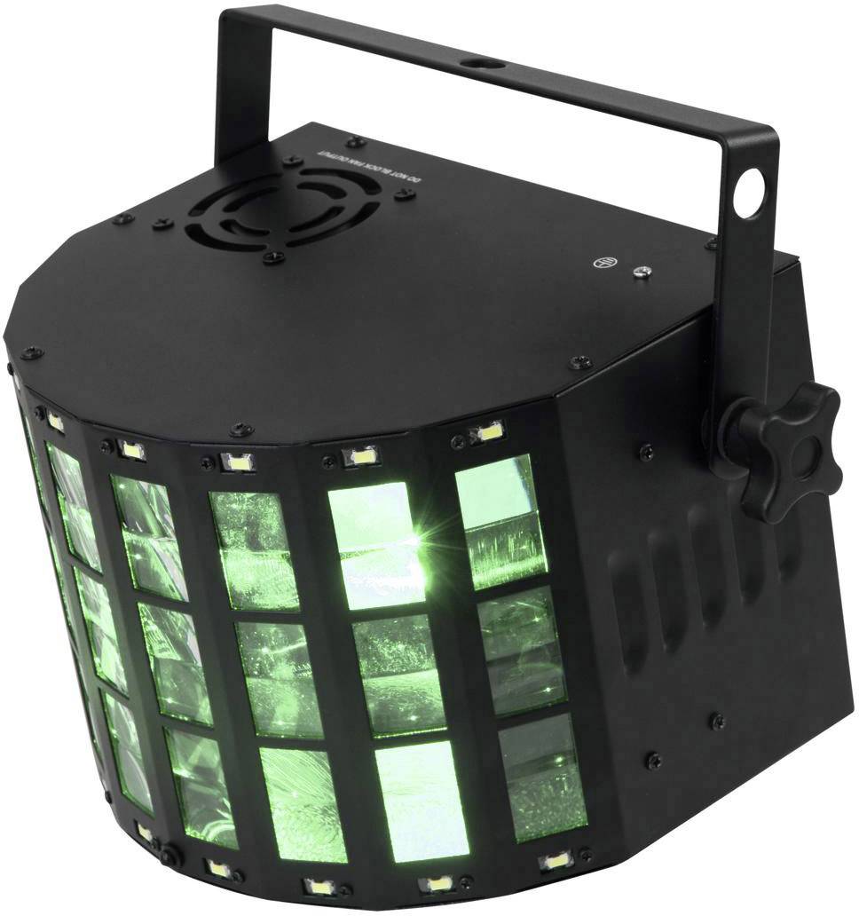 Czarny efekt świetlny LED z zieloną wiązką światła, odpowiedni do oświetlenia scenicznego lub imprezowego, prostokątna obudowa z wieloma soczewkami.