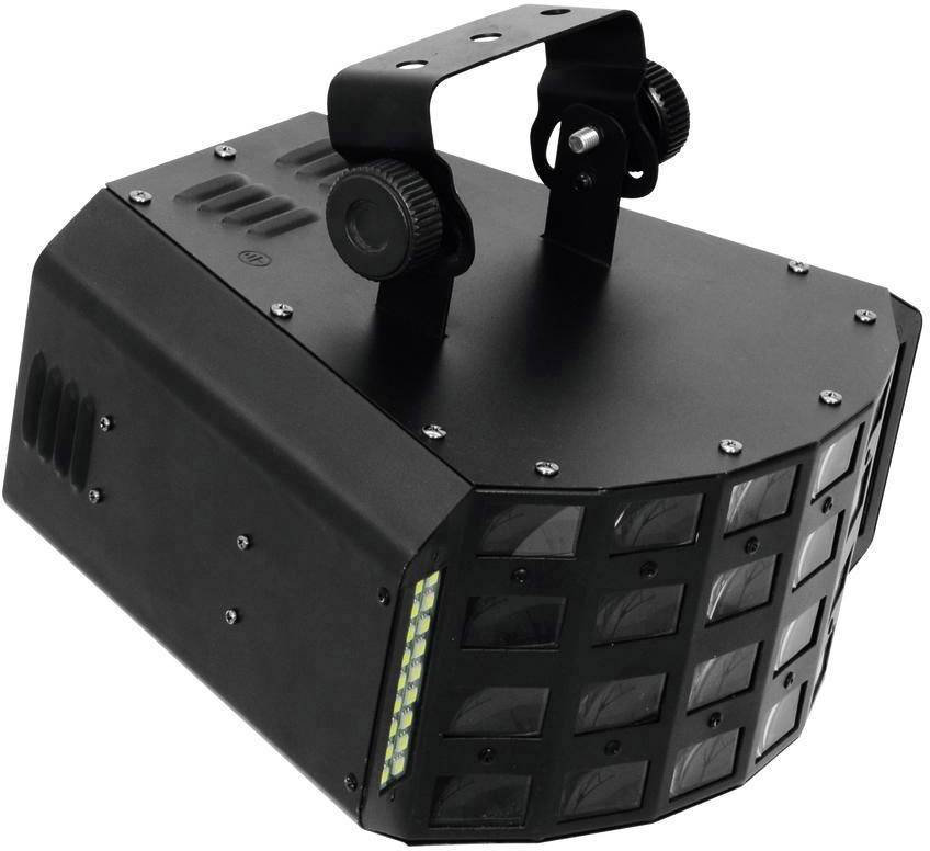 Czarne urządzenie do efektów świetlnych LED z wieloma soczewkami i regulowanym uchwytem, odpowiednie do efektów scenicznych i imprezowych.
