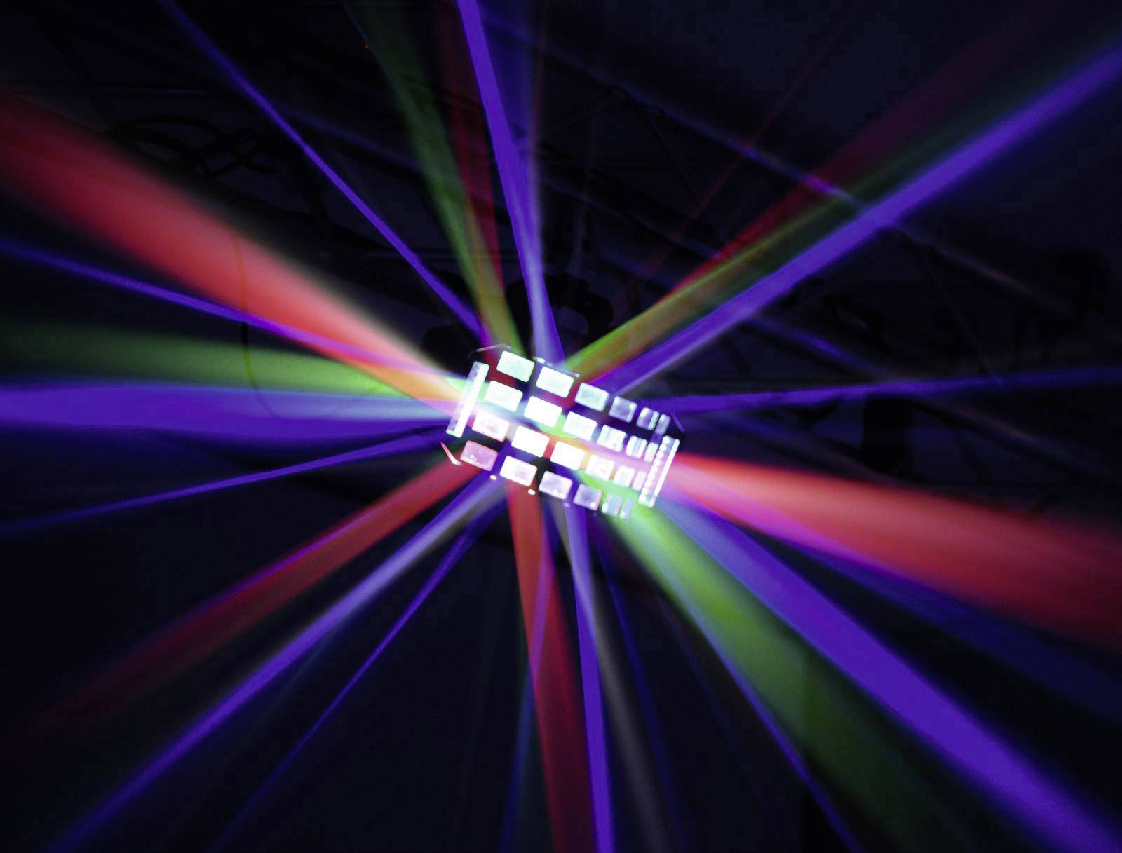Efekt świetlny z czerwonymi, niebieskimi i zielonymi promieniami laserów, które rozchodzą się od centralnego punktu w różnych kierunkach.