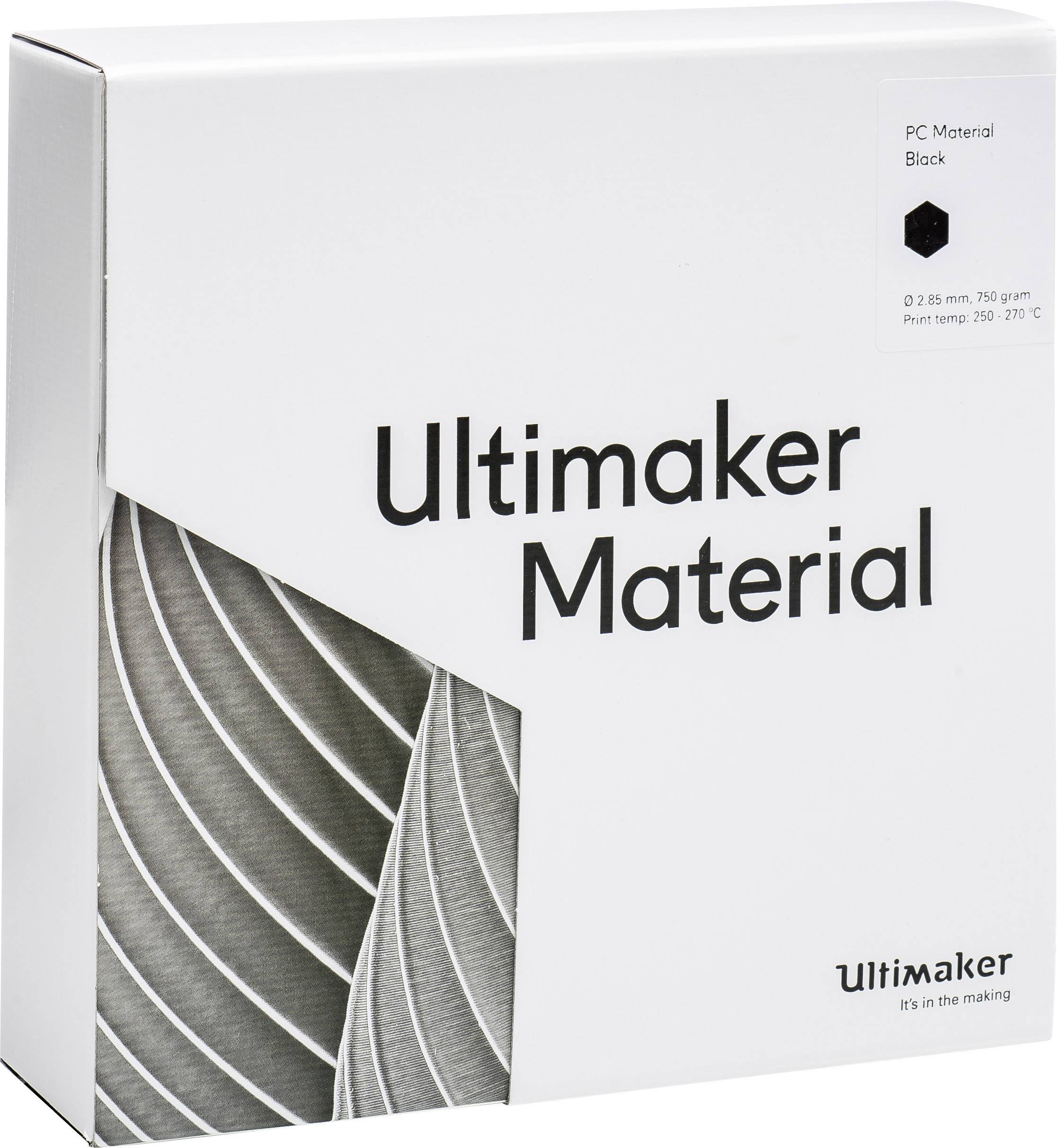 Opakowanie 'Ultimaker Material' z napisem 'Materiał PC Czarny', temperatura drukowania 250-270°C. Zawiera 2,85 mm, 750 gramów.