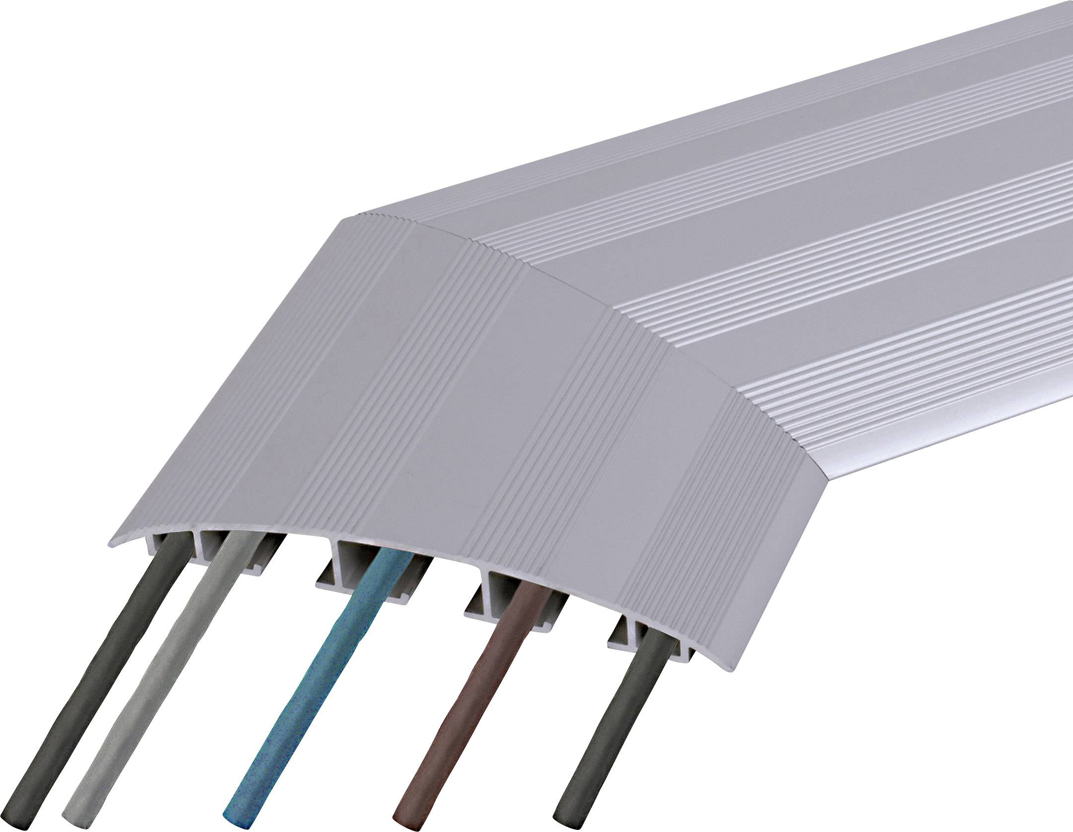 Szary kanał kablowy, który organizuje i chroni kilka kolorowych przewodów.