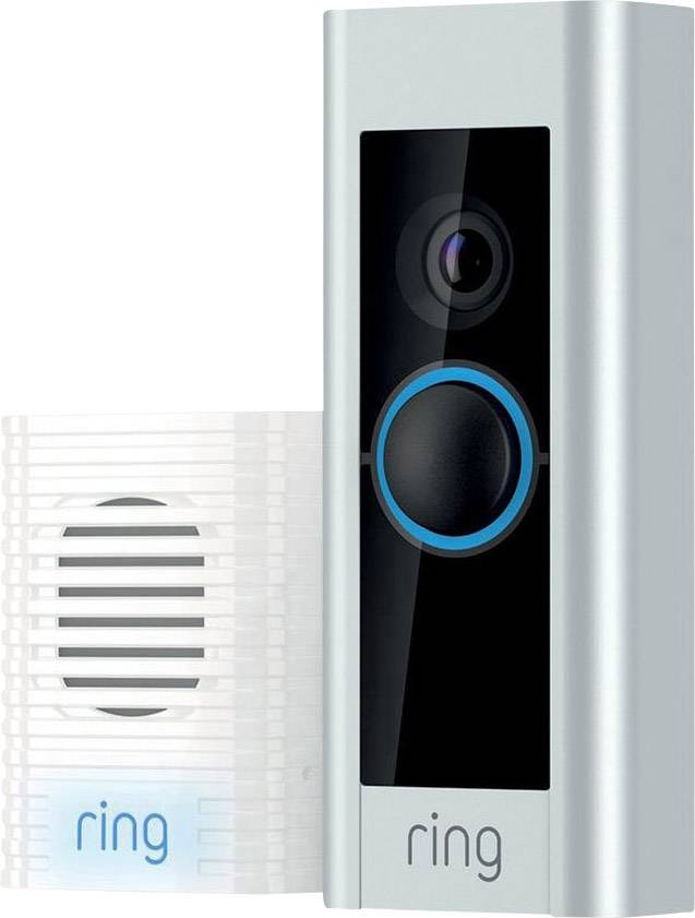Srebrny dzwonek do drzwi z kamerą i niebieskim podświetleniem LED wokół przycisku, obok mały biały głośnik, oba z logo 'ring'.