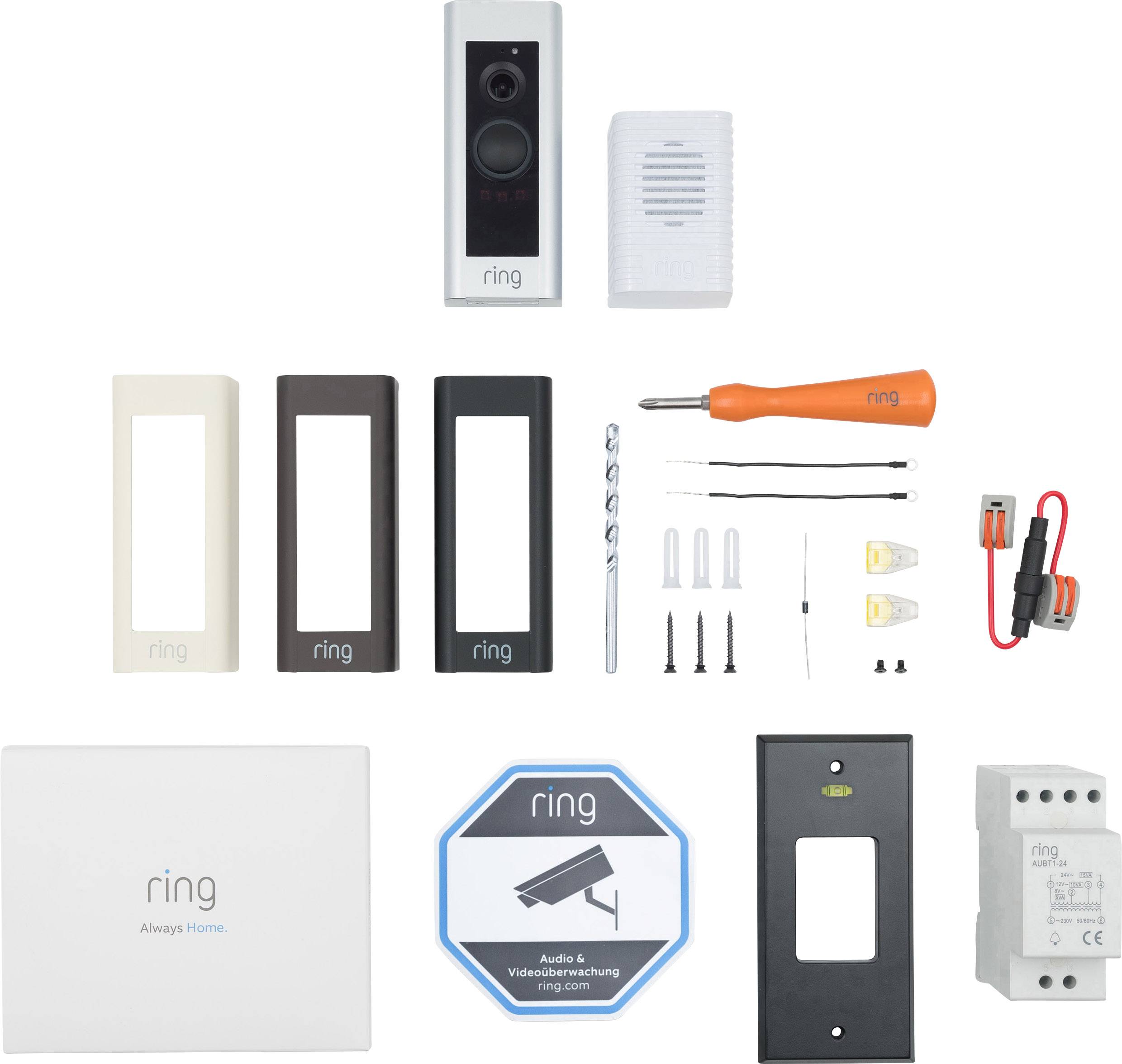 Zawartość opakowania wideodzwonka: Dzwonek, śrubokręt, wiertło, przewody, płytki montażowe, uchwyty, instrukcje.