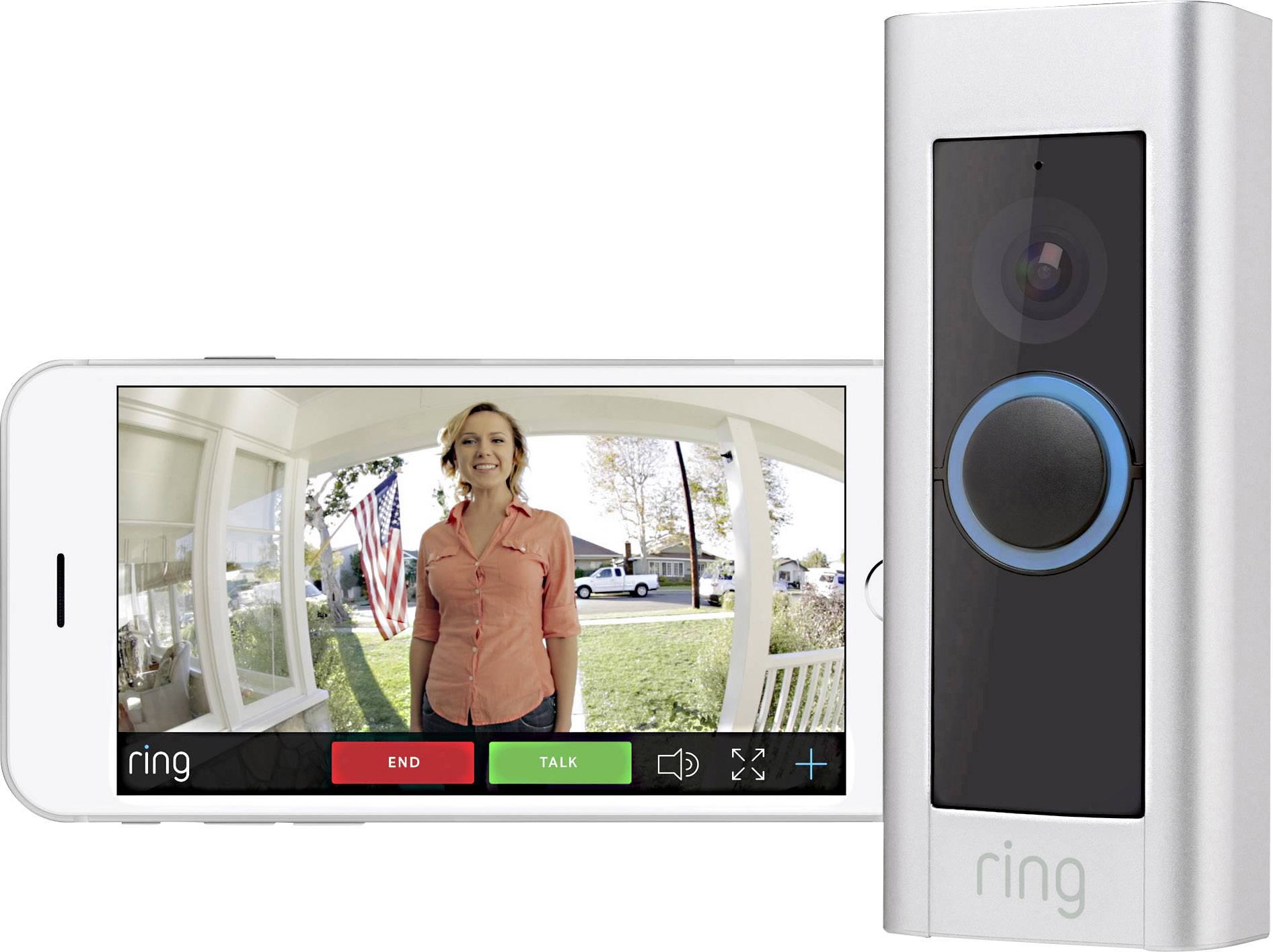 Dzwonek do drzwi z kamerą i aplikacją na żywo wyświetla kobietę na werandzie. Aplikacja oferuje opcje 'Zakończ' i 'Mów'.