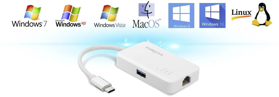 Biały adapter USB z gniazdem USB-C oraz portami USB i Ethernet. Kompatybilny z różnymi wersjami Windows, MacOS i Linux.