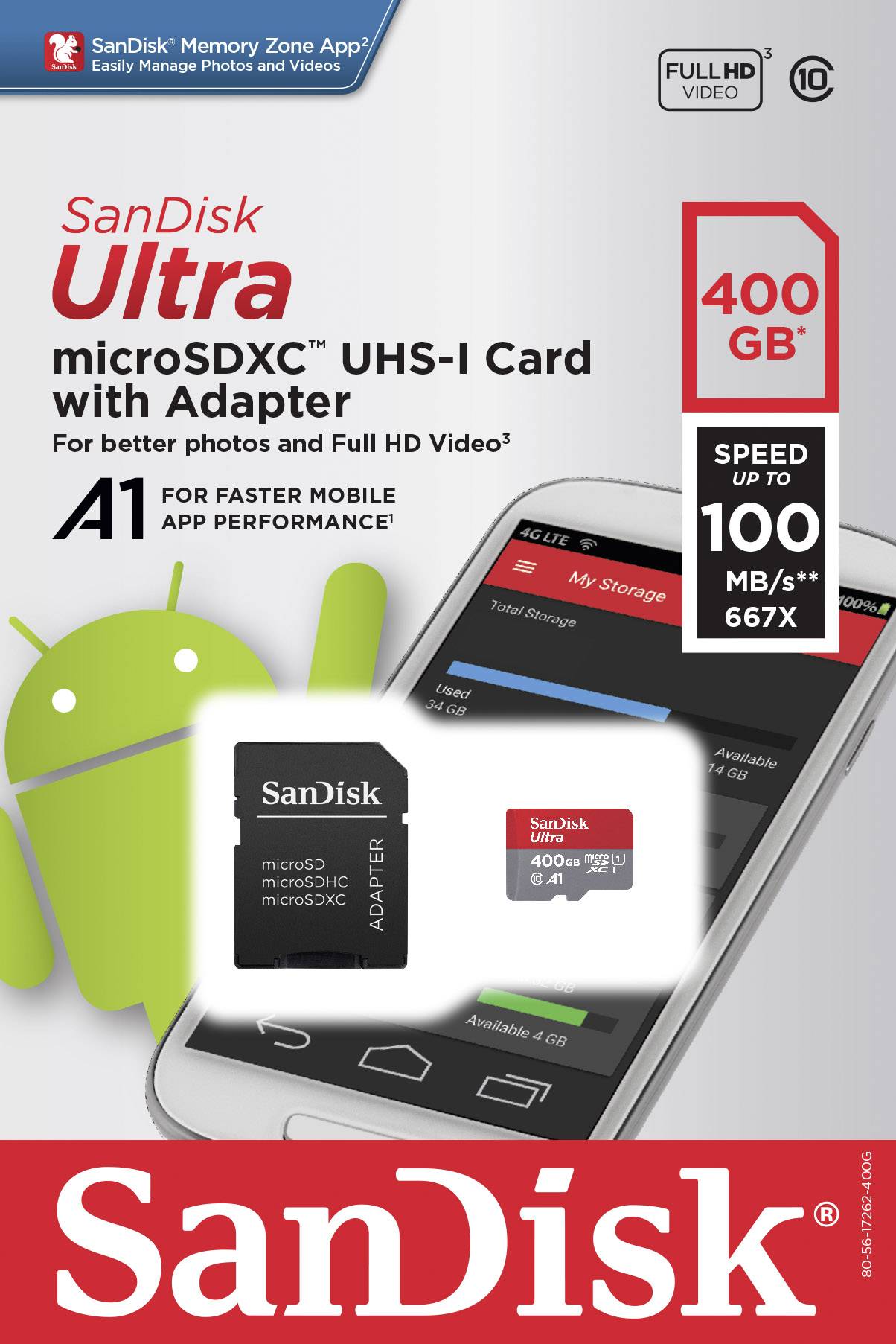 Karta SanDisk Ultra microSDXC UHS-I z adapterem, 400 GB, prędkość do 100 MB/s, wydajność A1 dla szybszych aplikacji.