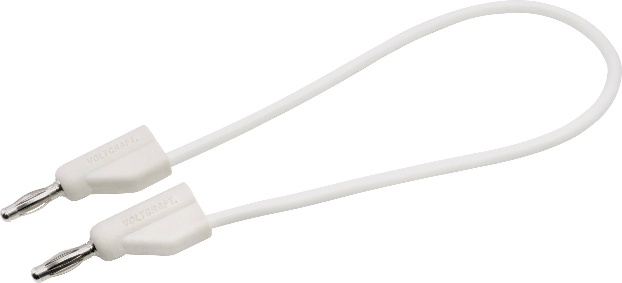 Dwa białe wtyki bananowe z krótkim przewodem, stosowane do podłączania urządzeń elektrycznych.