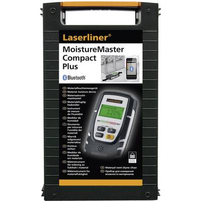 Przyrząd Laserliner MoistureMaster Compact Plus do pomiaru wilgotności materiałów, z funkcją Bluetooth, wyposażony w wyświetlacz LCD i przyciski.