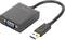 Adapter USB-VGA z czarną obudową i kablem. Gniazdo VGA jest niebieskie, wtyk USB posiada niebieskie styki. Odpowiedni do połączeń wideo.