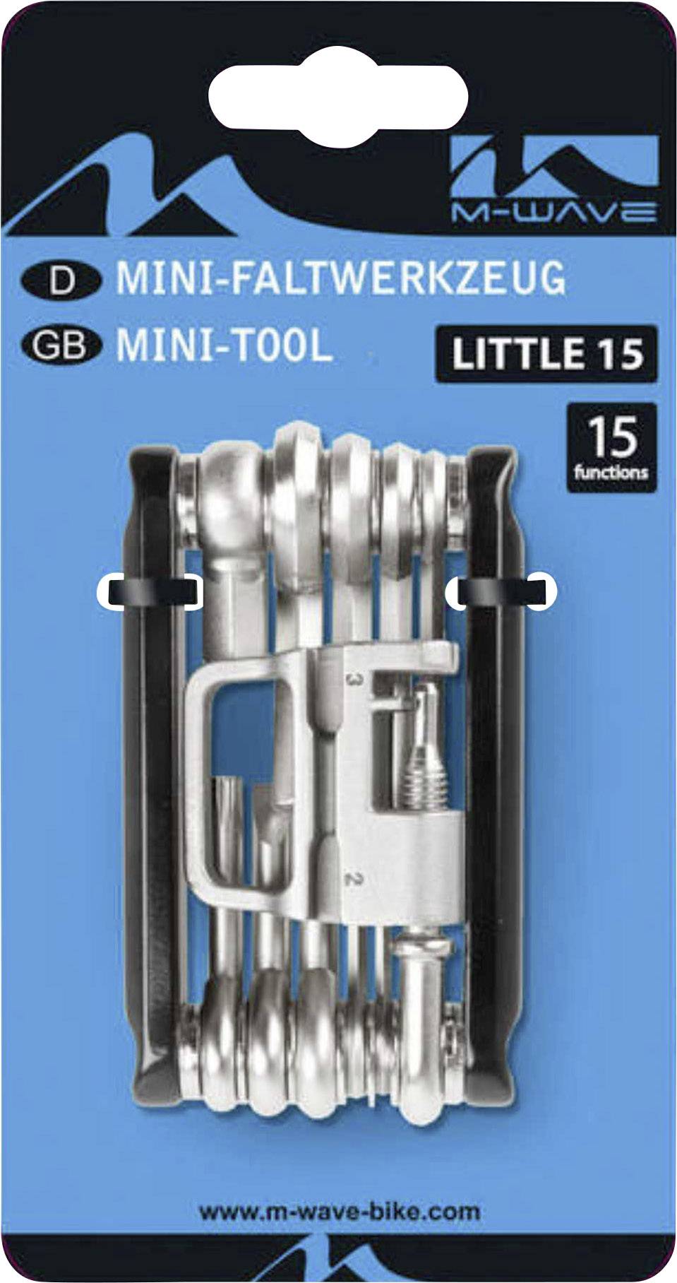 Mini składany narzędzie 'Little 15' z 15 funkcjami, przedstawione na niebieskim opakowaniu, marki M-Wave.