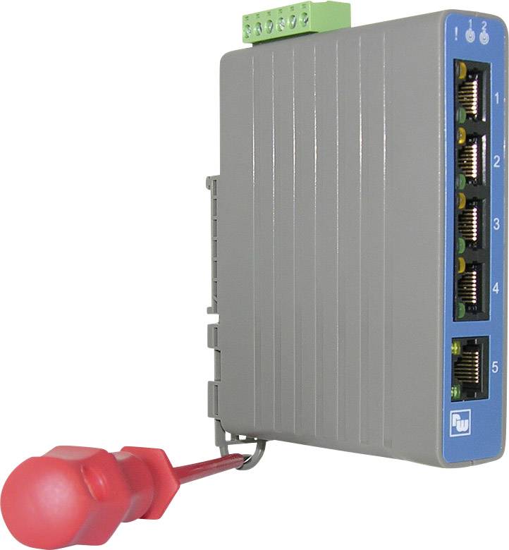 Szare urządzenie sieciowe z pięcioma portami Ethernet i czerwonymi złączami z boku.