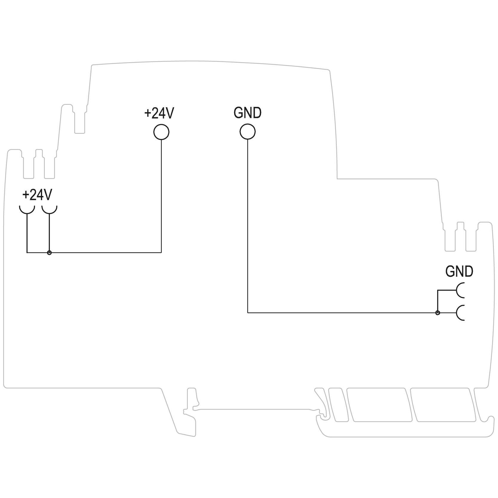 Schemat elektryczny urządzenia elektronicznego z czterema punktami przyłączeniowymi: dwa oznaczone jako '+24V', dwa jako 'GND'. Czytelne ścieżki połączeń.