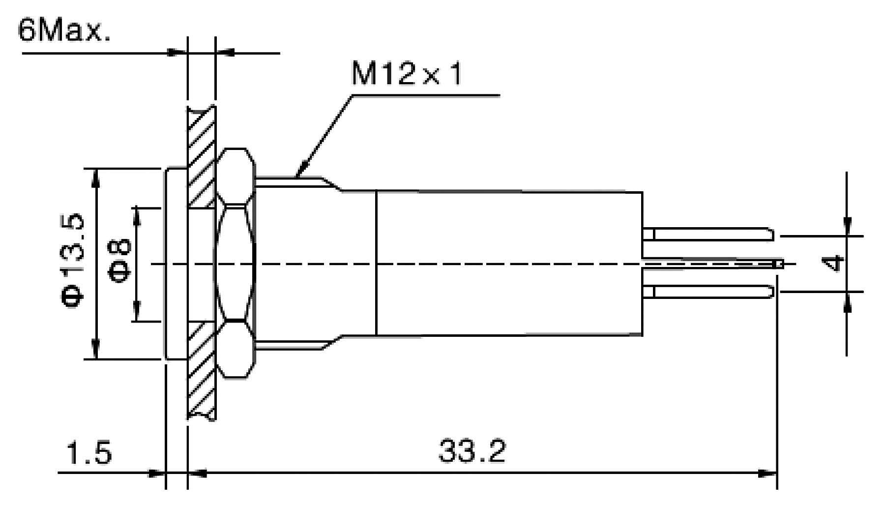 Rysunek techniczny złącza wtykowego z wymiarami: długość 33,2 mm, szerokość 13,5 mm, gwint M12x1.