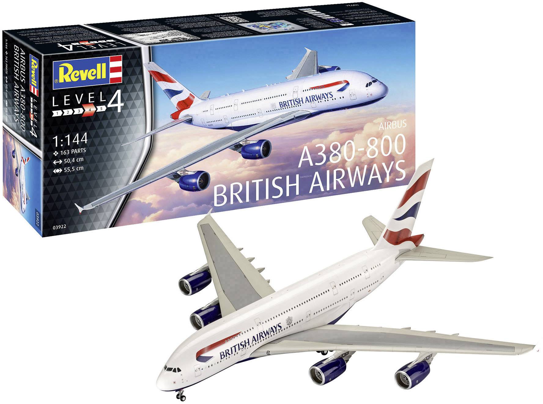 Zestaw modelarski samolotu 'Airbus A380-800' w barwach British Airways firmy Revell, poziom 4, zawiera 163 elementy, skala 1:144.