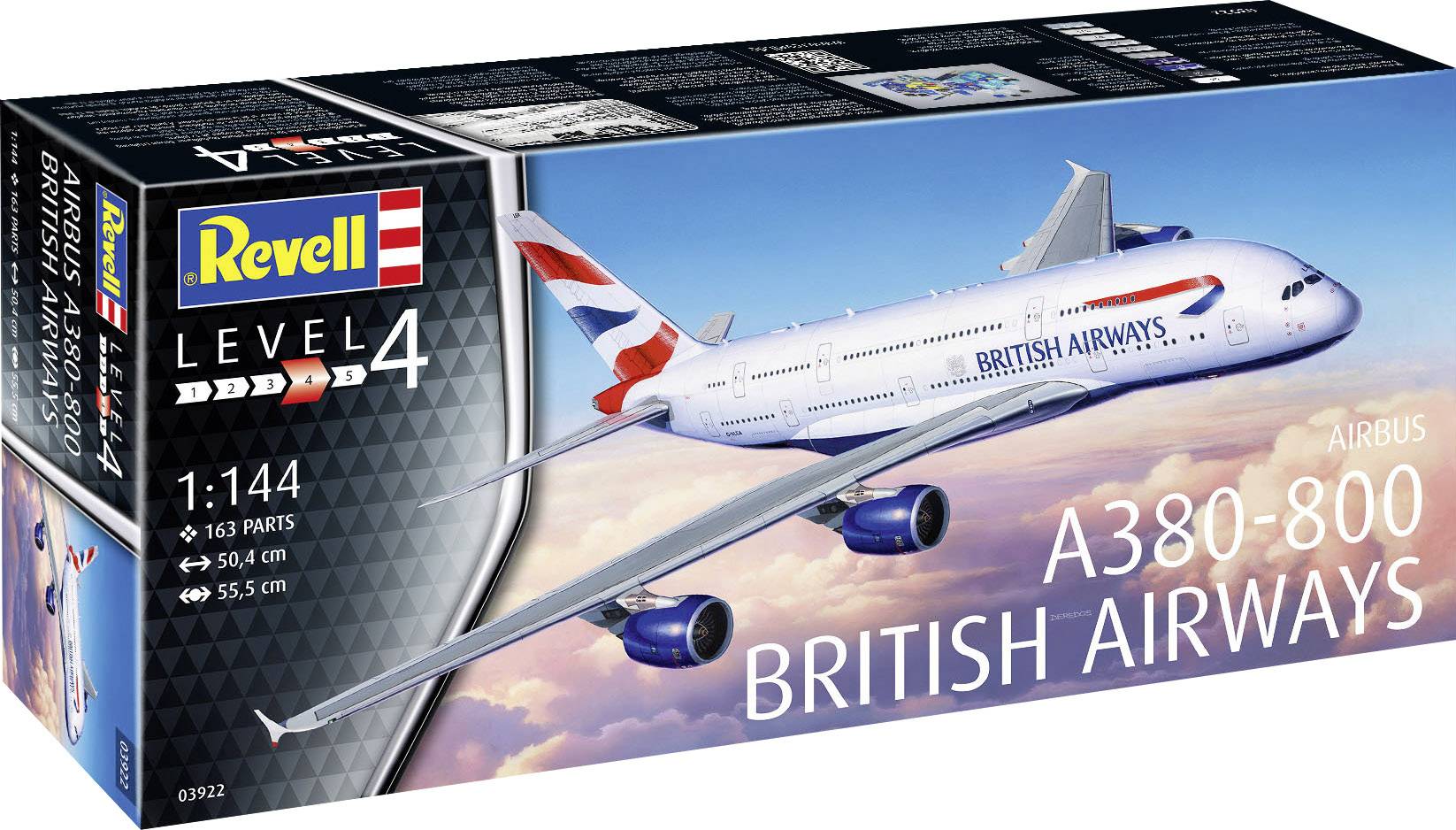 Zestaw modelarski 'Revell Level 4' samolotu 'British Airways Airbus A380-800', skala 1:144, składający się z 163 elementów. Projekt opakowania przedstawia samolot w locie.