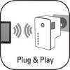 Ikona przedstawia urządzenie włożone do gniazdka elektrycznego, z falistymi liniami między ekranem a urządzeniem. Tekst: 'Plug & Play'.