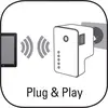 Ikona przedstawia urządzenie włożone do gniazdka elektrycznego, z falistymi liniami między ekranem a urządzeniem. Tekst: 'Plug & Play'.