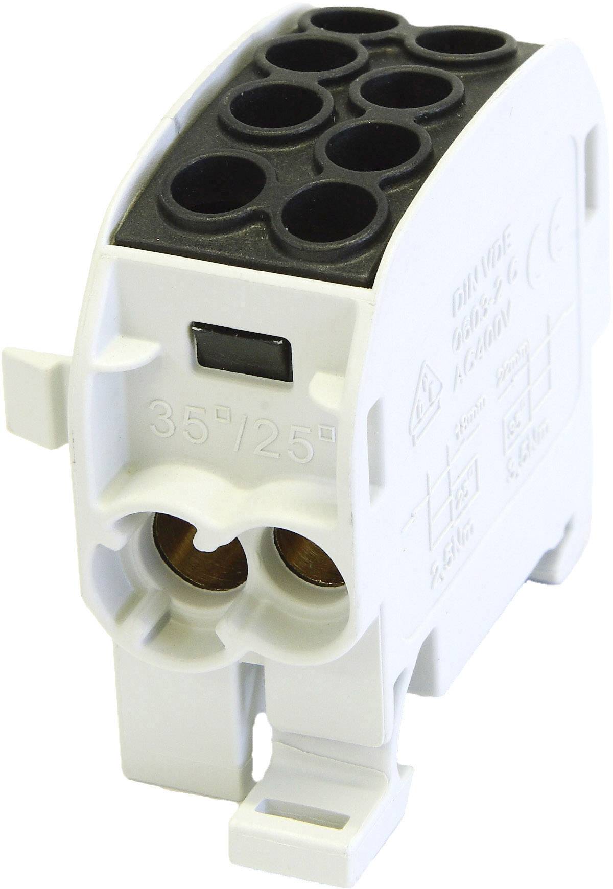 Biała elektryczna wtyczka rozdzielcza z wieloma okrągłymi gniazdami, przeznaczona do podłączania przewodów w instalacjach elektrycznych.