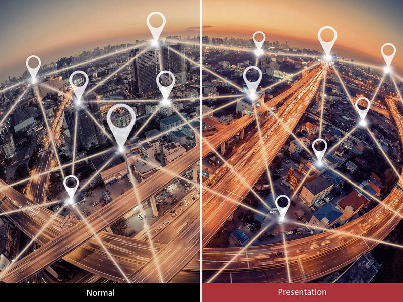 Dwie panoramy miasta o zachodzie słońca: Po lewej stronie 'Normalny' bez oznaczeń, po prawej stronie 'Prezentacja' z różnymi oznaczonymi lokalizacjami.