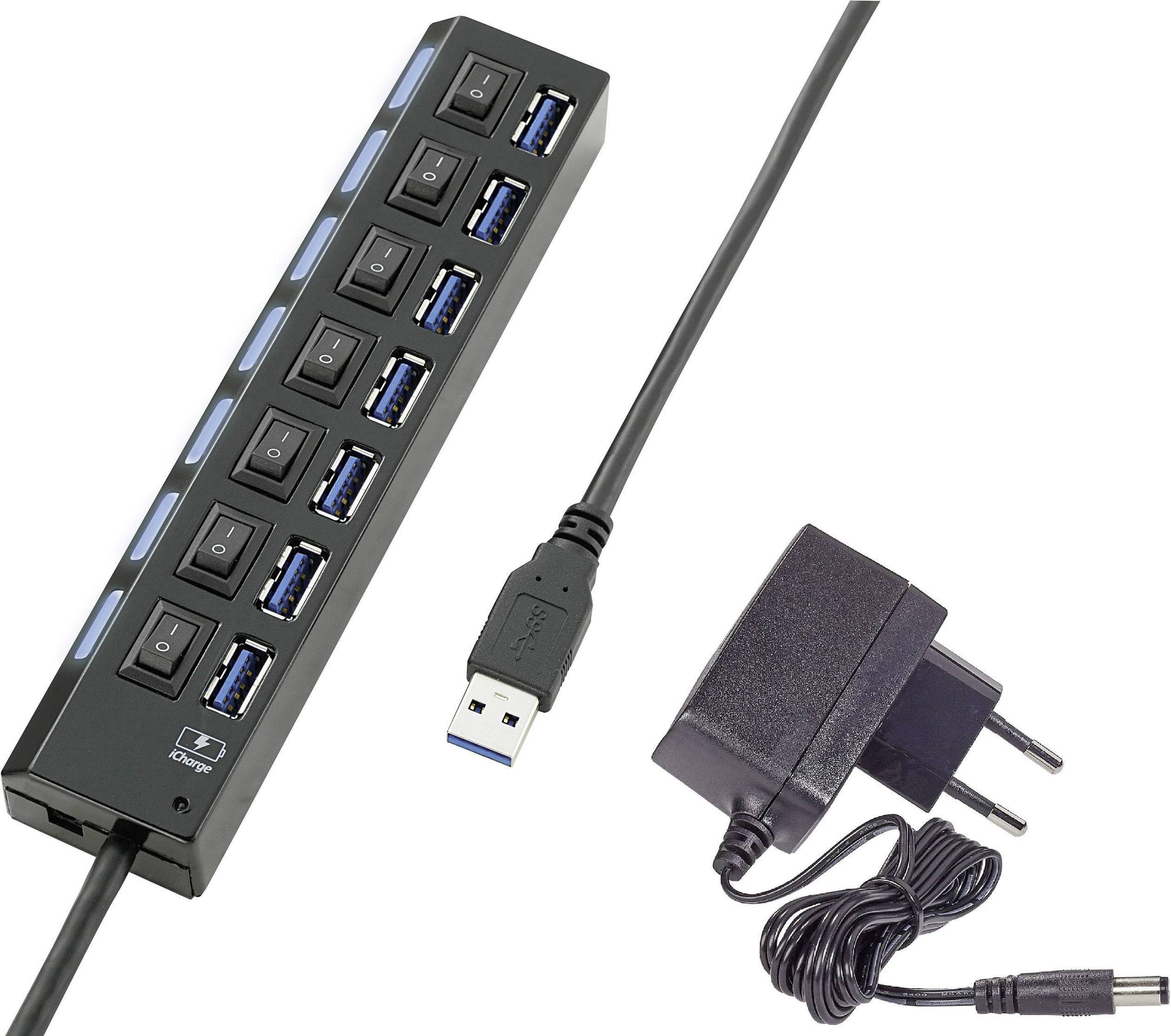 USB-хаб Renkforce RF-4821051, 7 портів, USB-A, USB 3.0, 5 Гбіт/с, індивідуальне вимкнення, зі світлодіодним індикатором стану, з р
