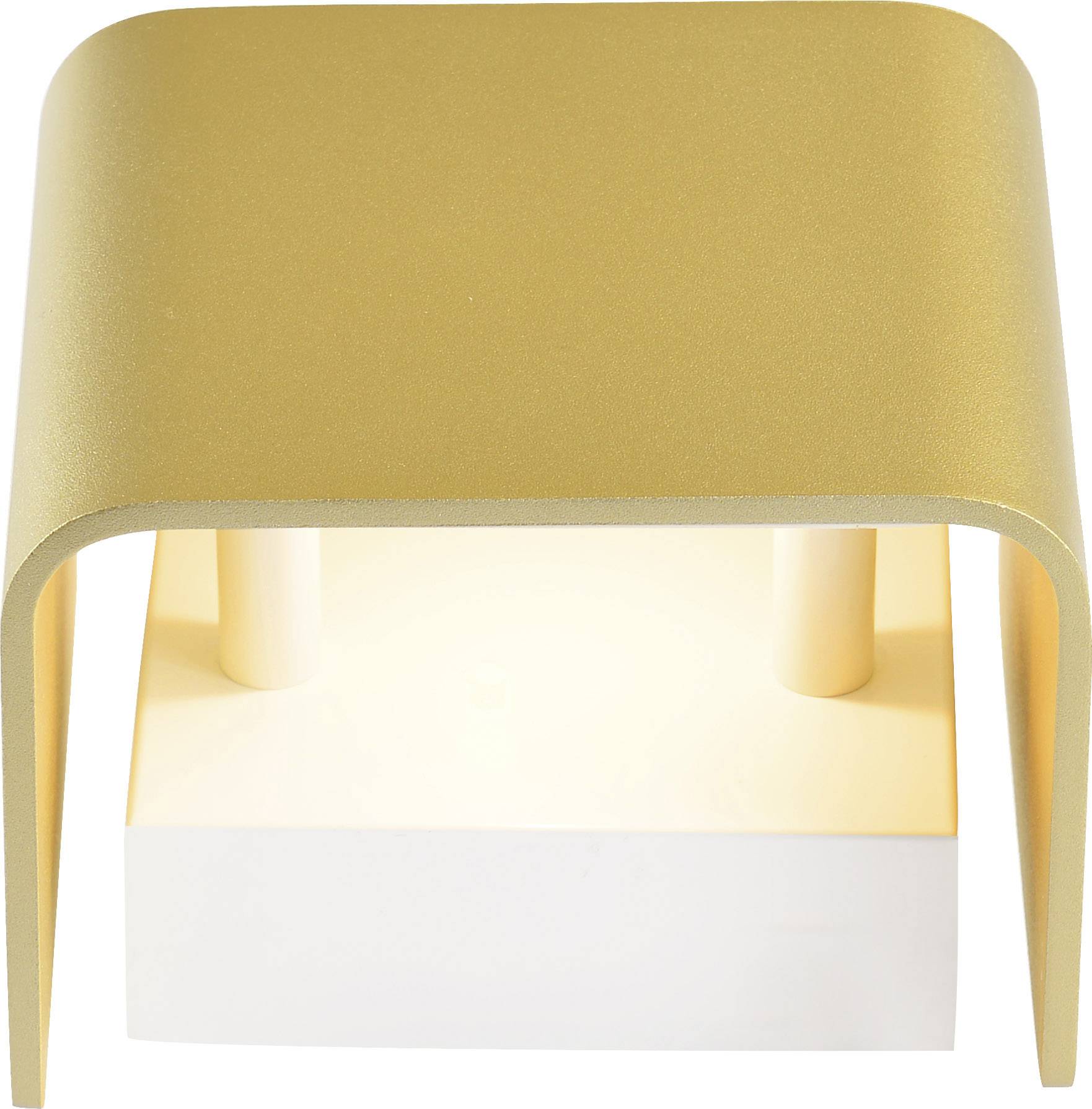 Nowoczesna, kwadratowa lampa ścienna z metalu w kolorze złotym i białym, która emituje ciepłe światło skierowane w dół.